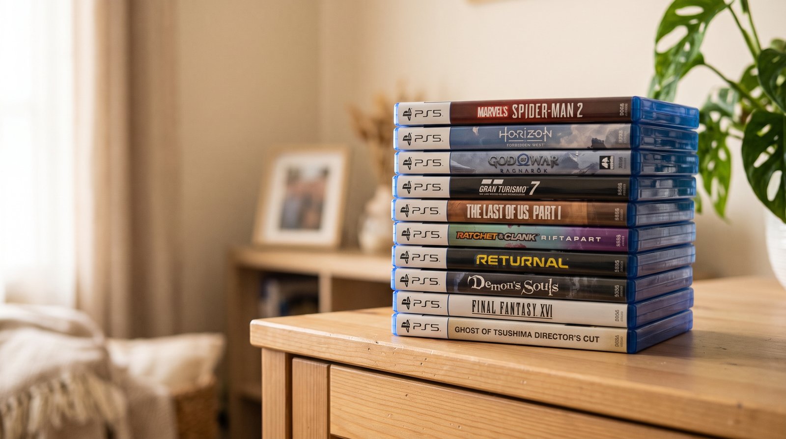 Carátulas impresas de PS5 en su caja, sobre una estantería